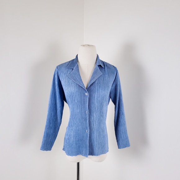 Pleated Cardigan Set t-shirt Long sleeve pleats please collar ribbed top - Picture 2 of 13